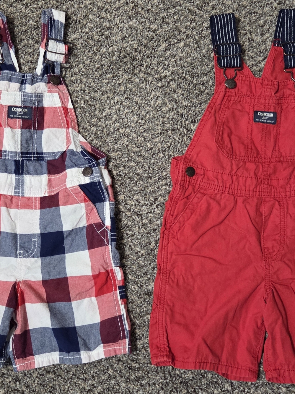 OshKosh B'gosh Red Plaid and Solid Red Kids Short Overalls Set